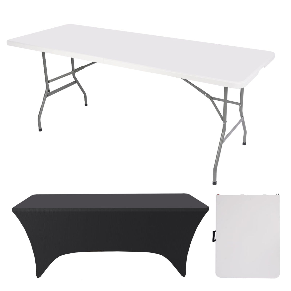 6FT Portable Folding Table with Black Tablecloth Y566448