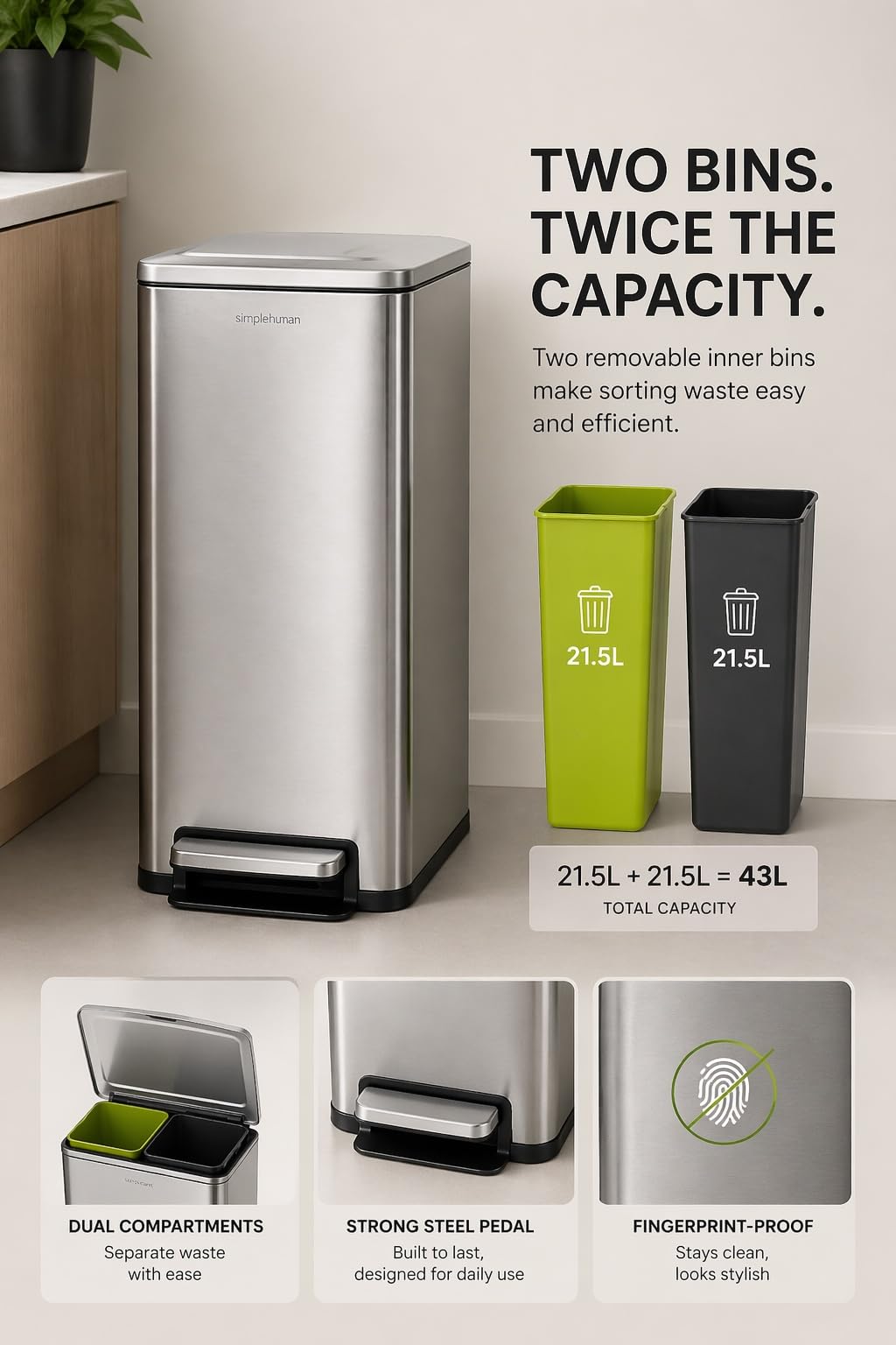 43L Dual Recycling Bin Stainless Steel L33739