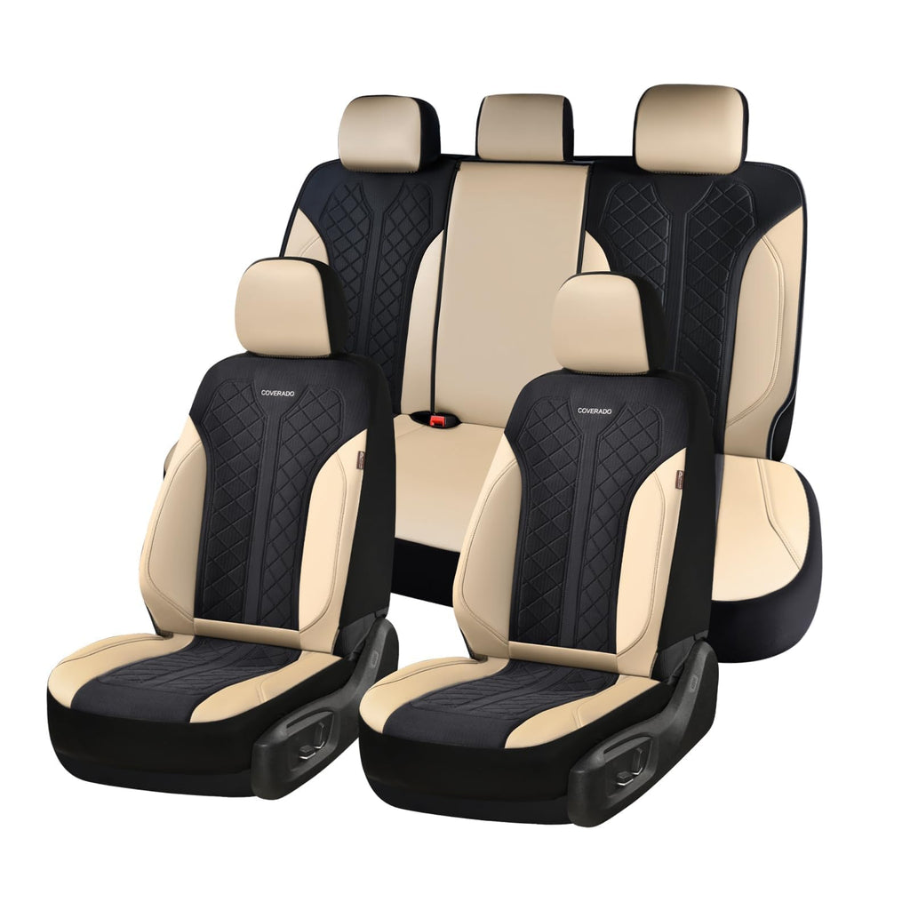 Beige 5-Piece PU Leather Mesh Car Seat Covers V2991