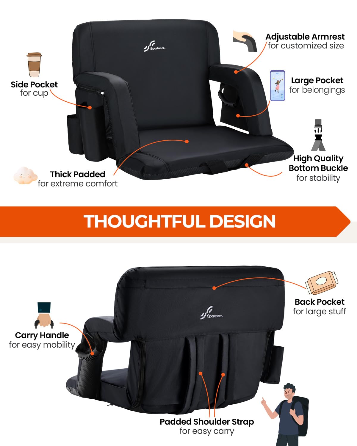 Stadium Seats with Back Support 2.5'' Thick Cushion 6 Adjustable Angle Bleacher Seat with Armrest U138