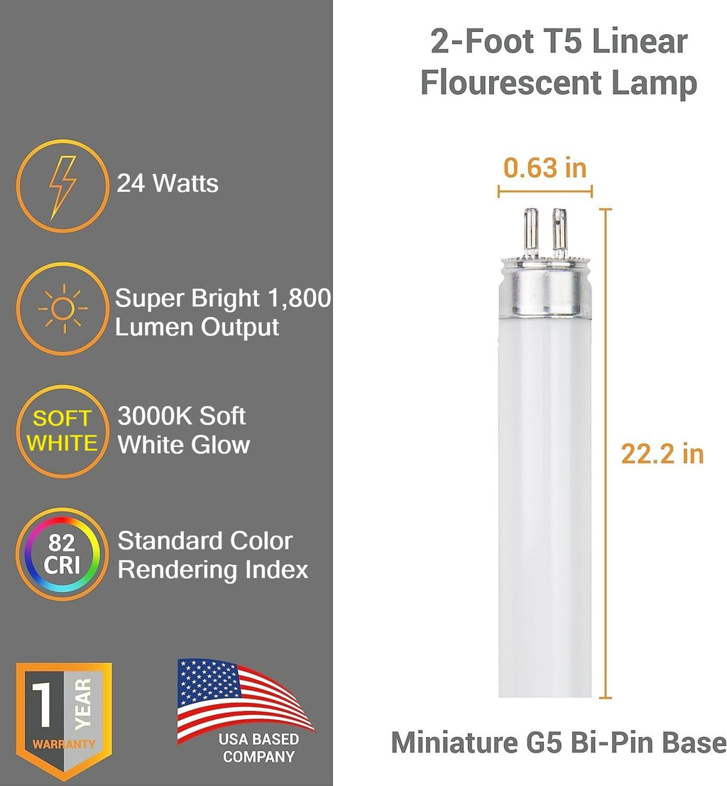 24 Inch T5 Fluorescent Bulb G5 Miniature Bipin Base High Output 1800 Lumens 3000K Soft White 24W Linear Tube Pack of 40 N434099