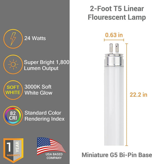 24 Inch T5 Fluorescent Bulb G5 Miniature Bipin Base High Output 1800 Lumens 3000K Soft White 24W Linear Tube Pack of 40 N434099