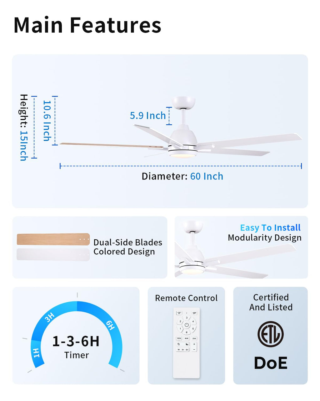 60 Inch White Ceiling Fan with Light & Remote A8933