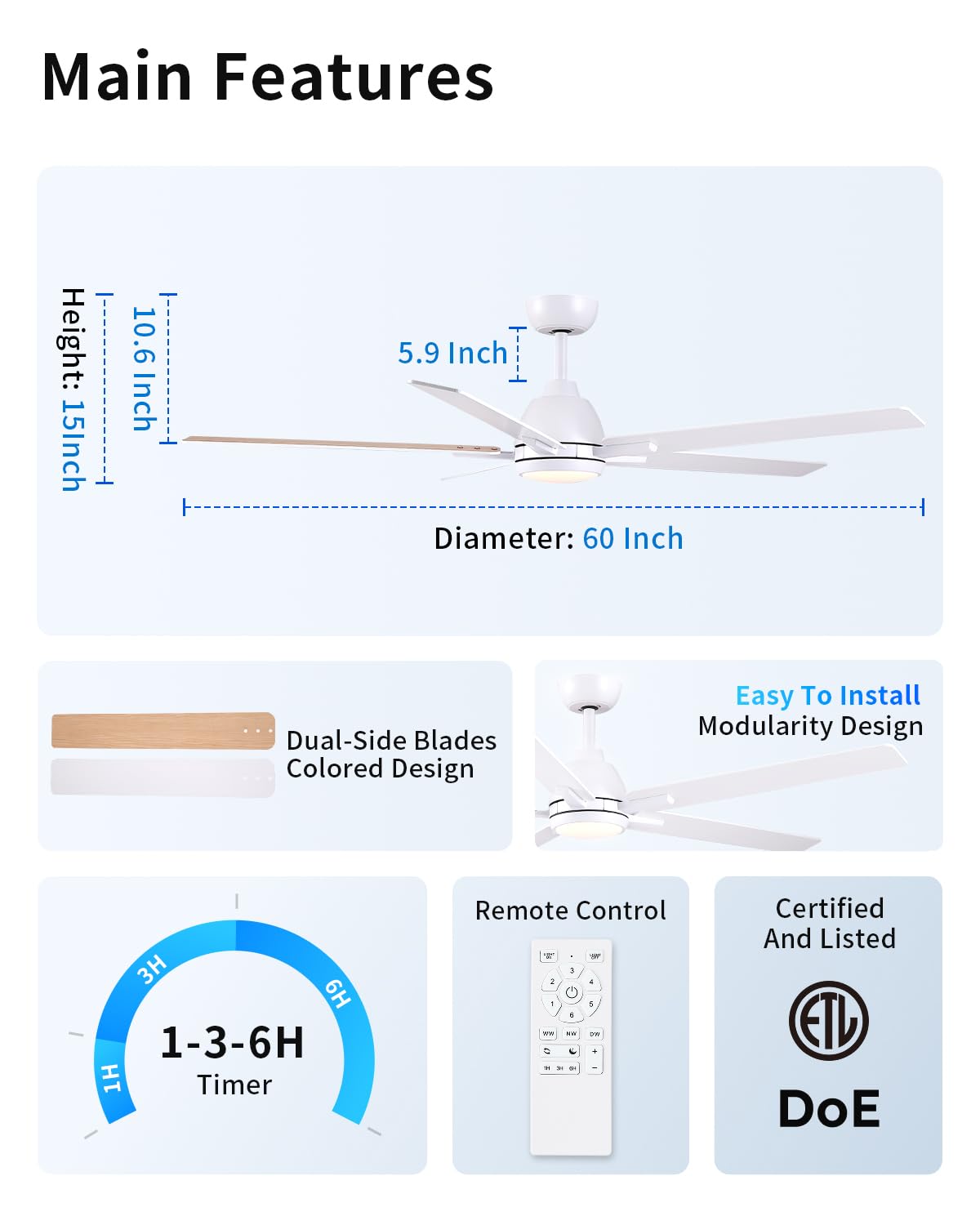 60 Inch White Ceiling Fan with Light & Remote A8933