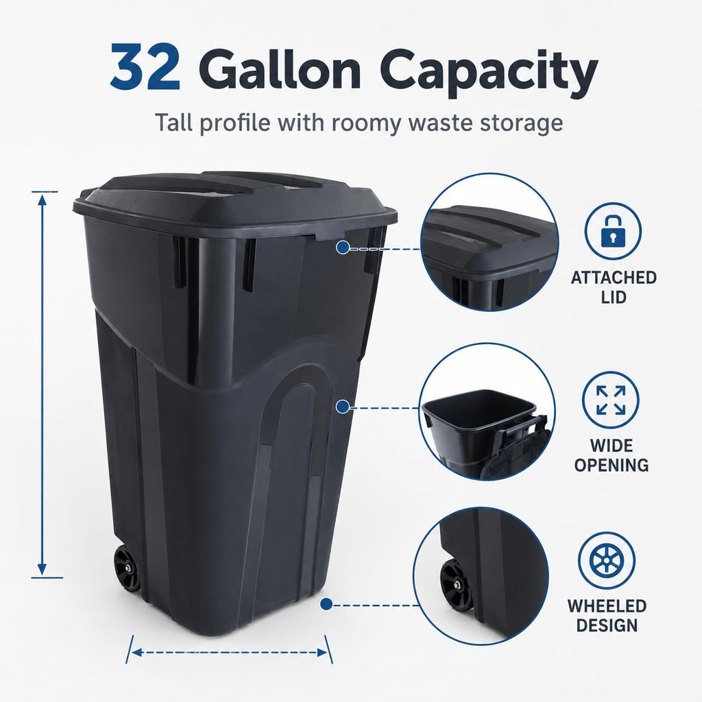 32-Gallon Heavy-Duty Wheeled Trash Can with Click-Lock Lid G38809