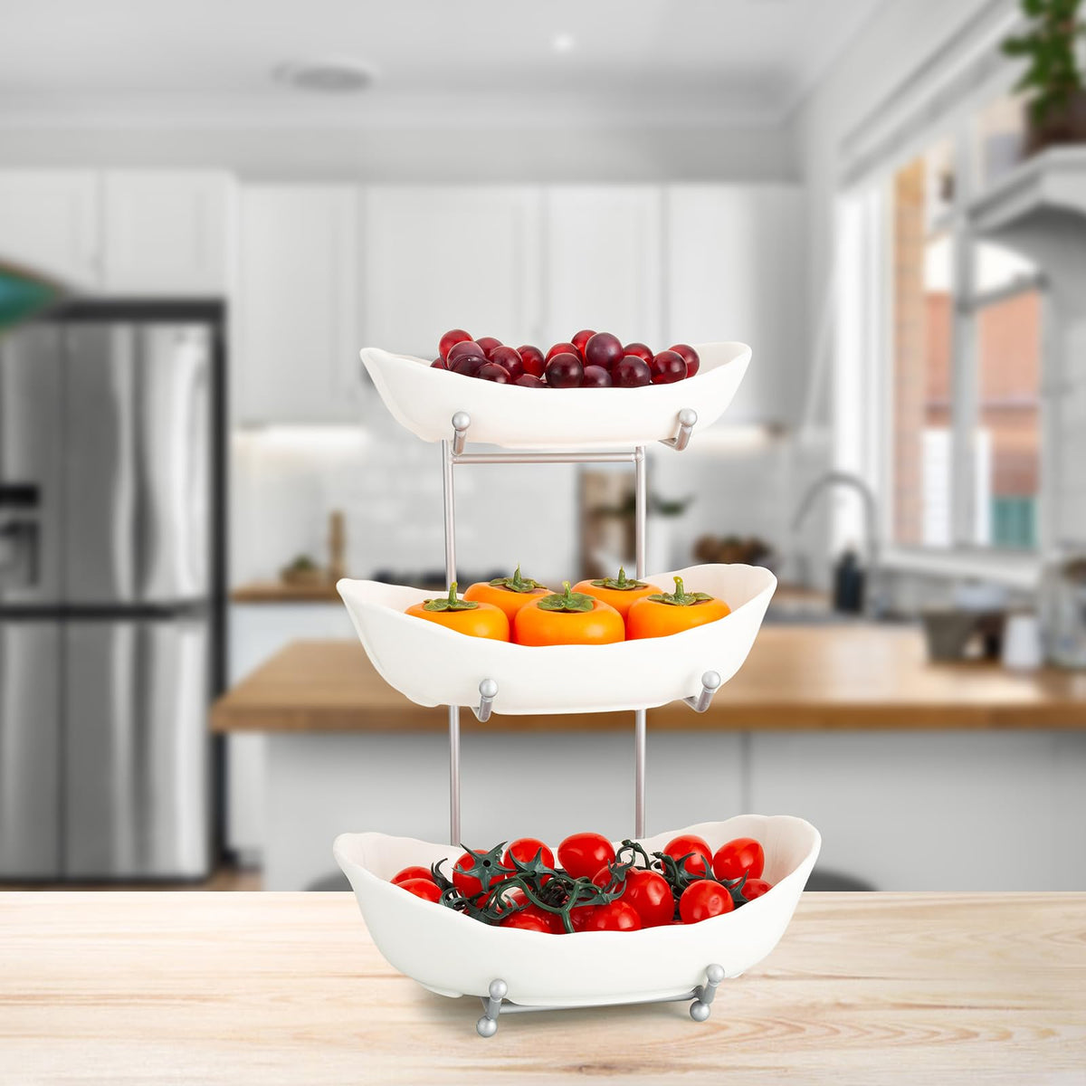 3 Tier Ceramic Fruit Bowl with Metal Stand V27689