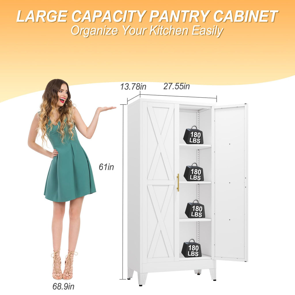 61" Metal Kitchen Pantry Storage Cabinet with 2 Doors and 3 Adjustable Shelves U199