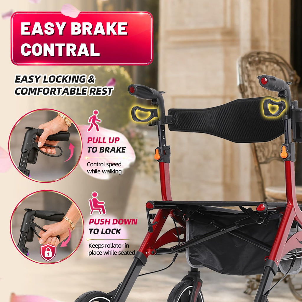 Foldable Red Rollator Walker with Seat O872