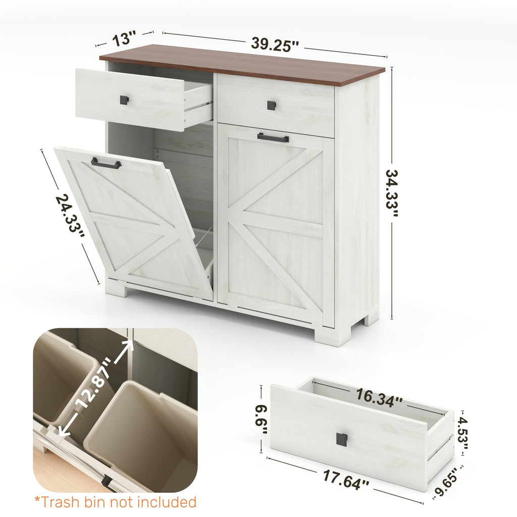 Antique White Wooden Tilt Out Trash Cabinet with 2 Storage Drawers U983
