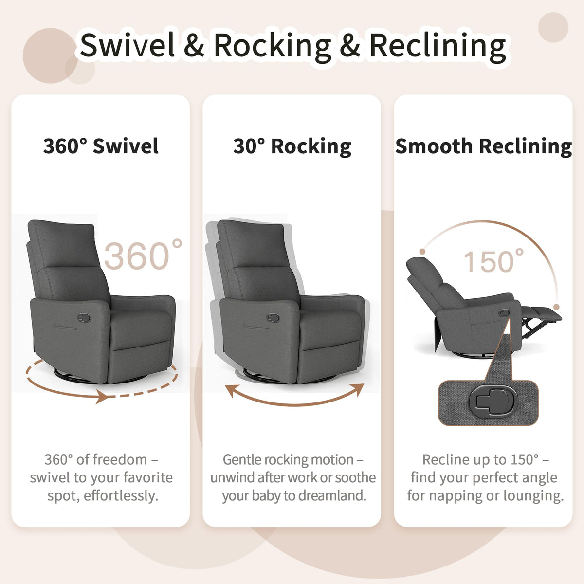 Dark Gray Swivel Rocker Recliner Chair P359036