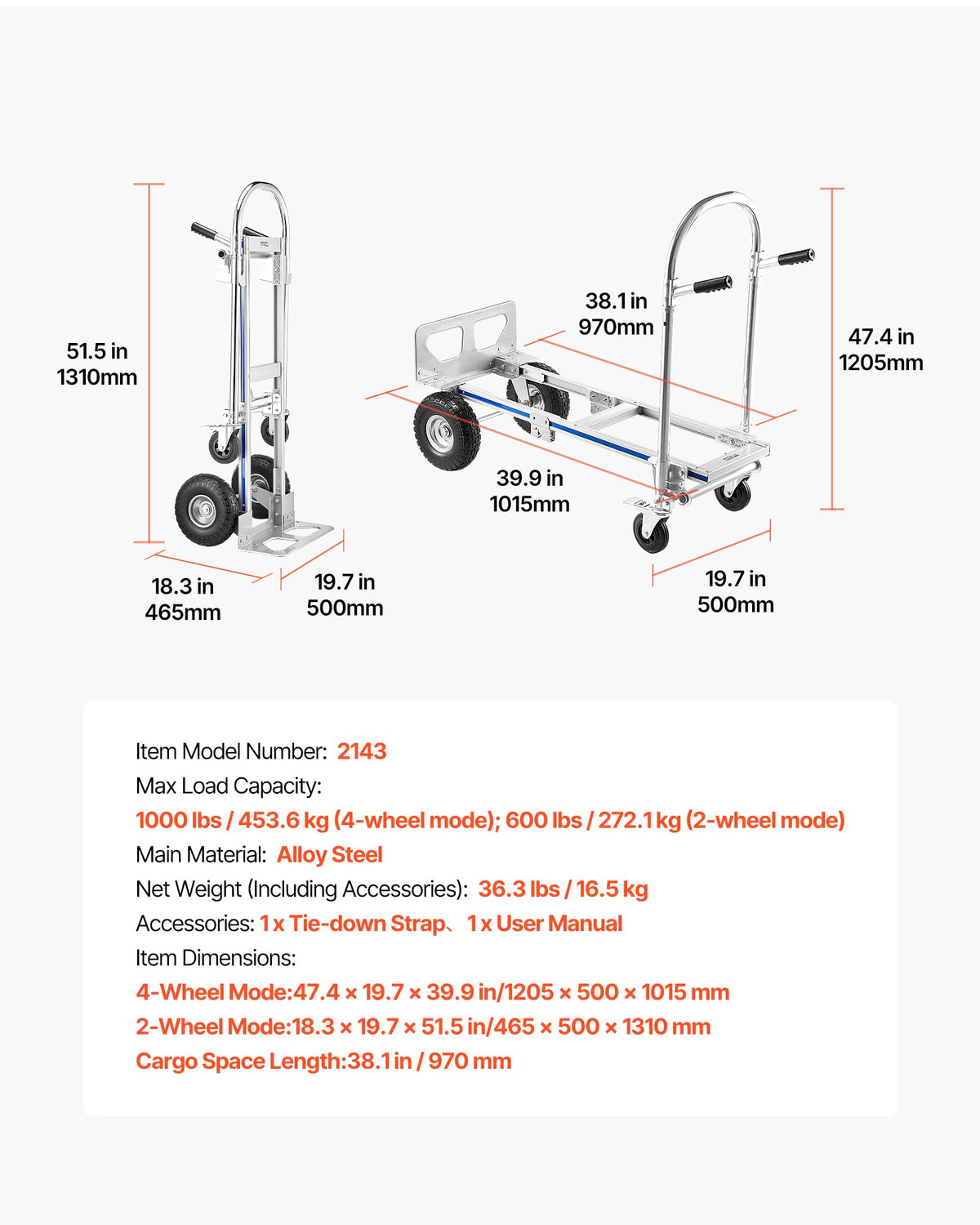 2 in 1 Convertible Hand Truck Dolly 1000 lbs X949