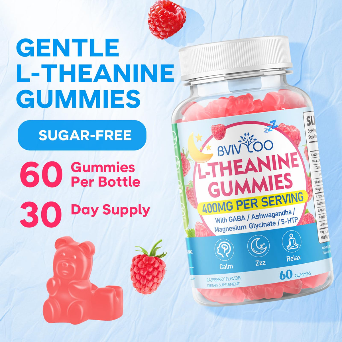 L-Theanine Gummies with Ashwagandha, GABA, 5-HTP, Magnesium Glycinate, Raspberry, 60 Count R93178