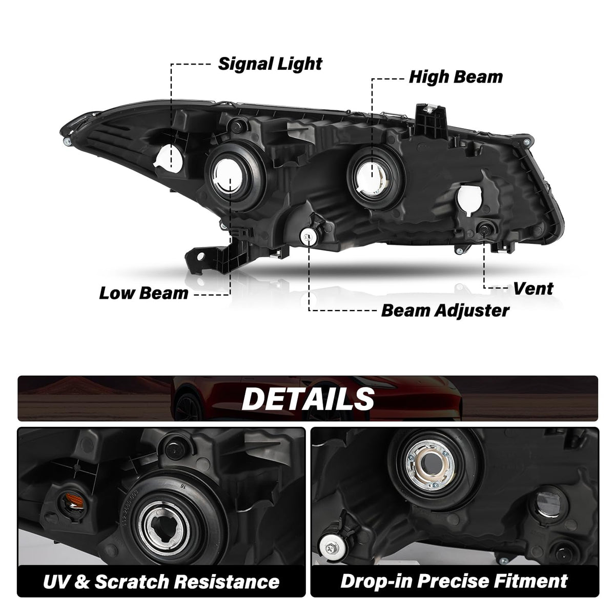 Headlight Assembly Replacement Chrome Housing with Amber Reflector D860
