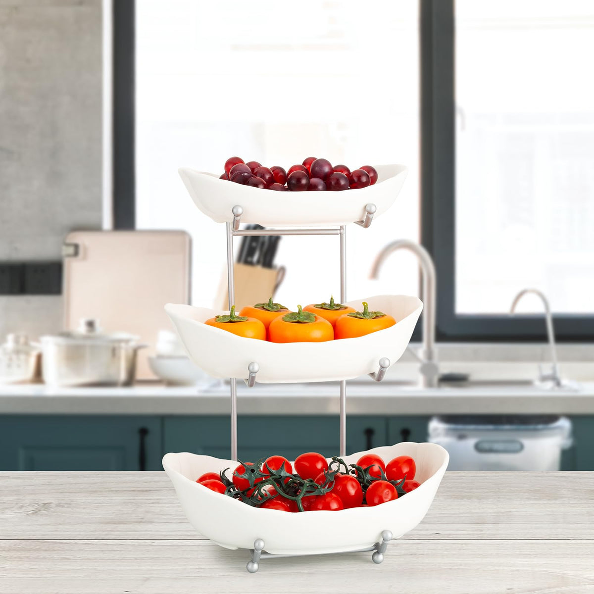 3 Tier Ceramic Fruit Bowl with Metal Stand V27689