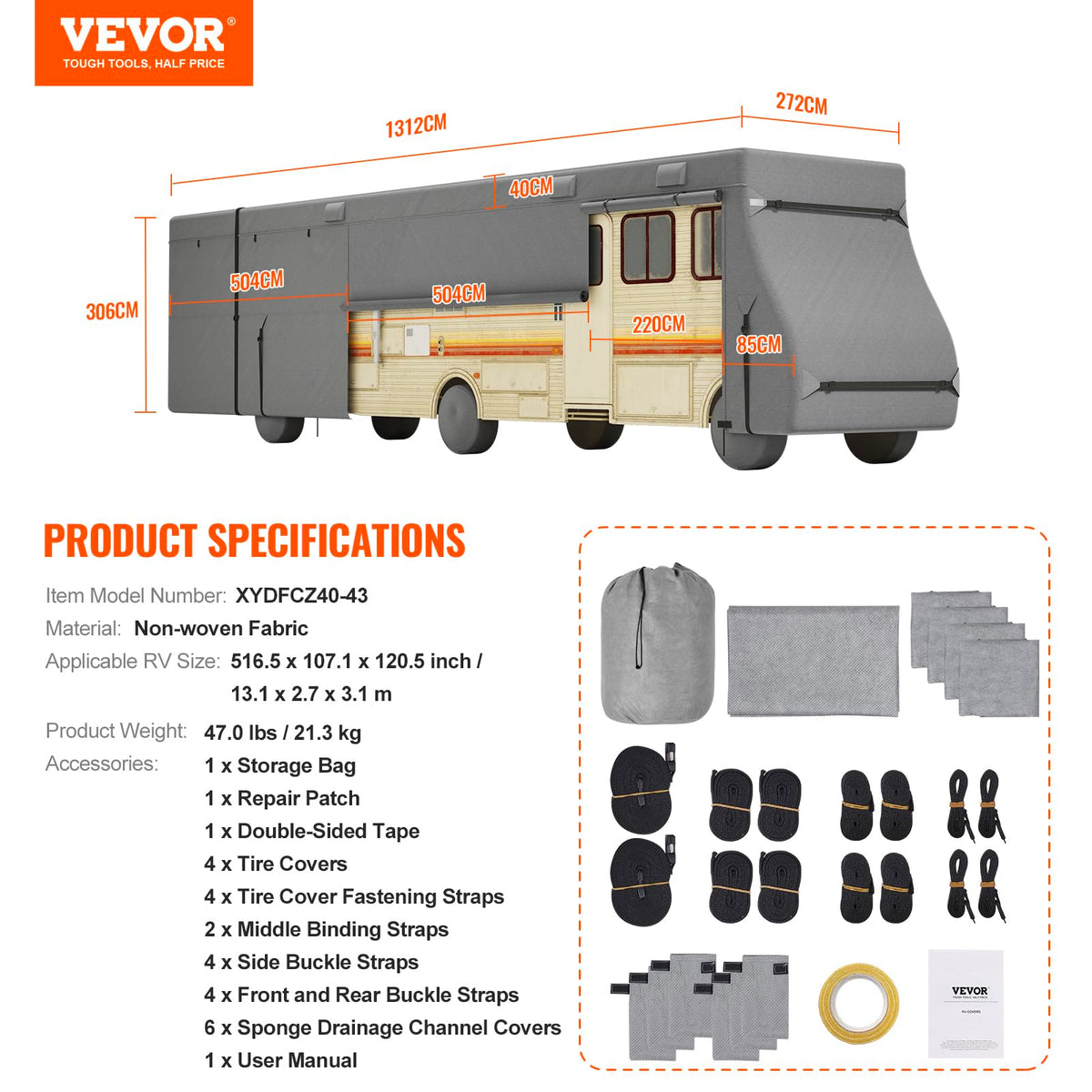 40-43 ft Non-Woven Fabric Waterproof RV Cover with Storage Bag F844