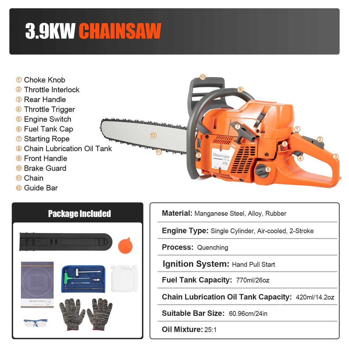Gas Powered Chainsaw, 72cc 2-Cycle Engine, 24'' Handheld H12677