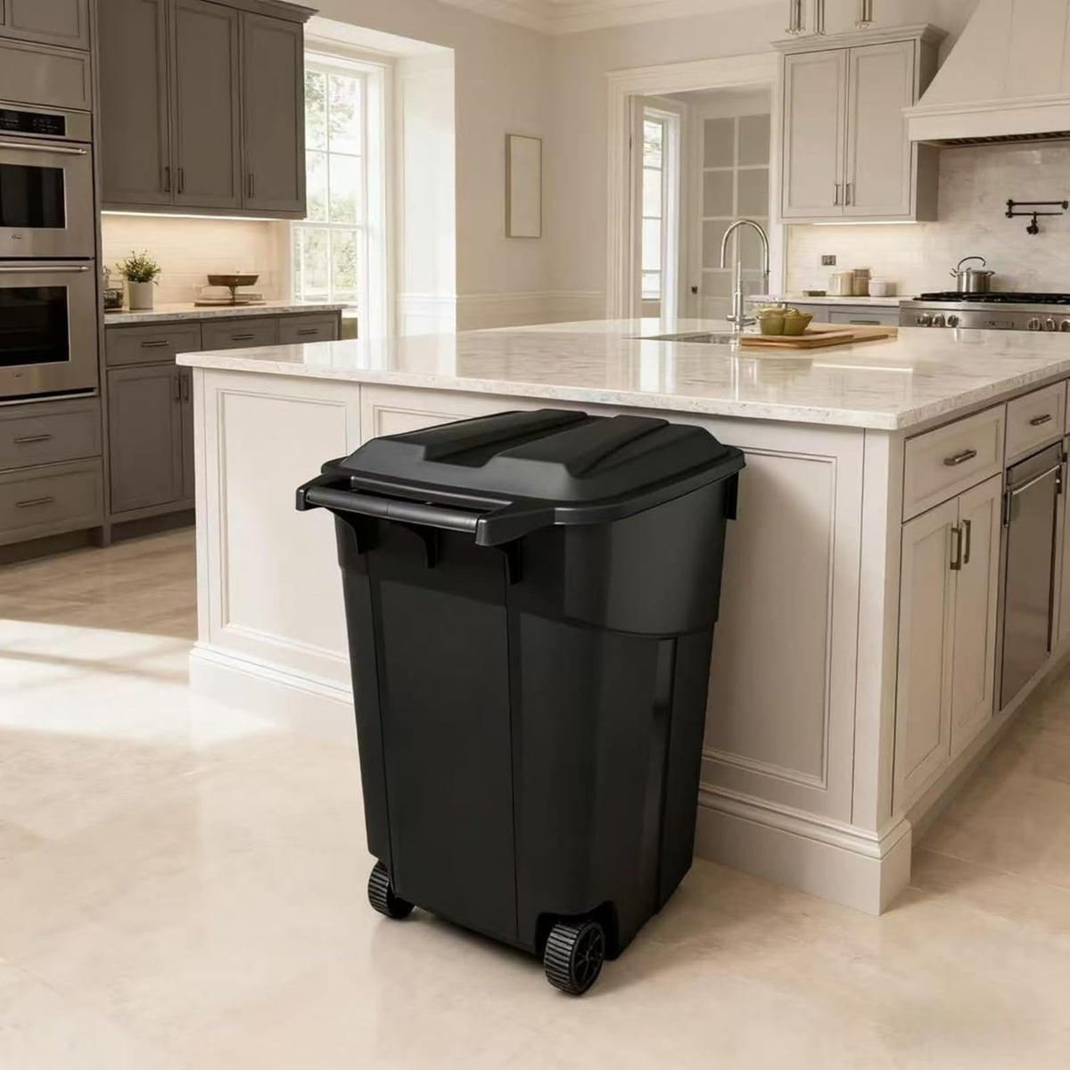 Black 45 Gallon Wheeled Heavy Duty Plastic Trash Can with Lid M14657