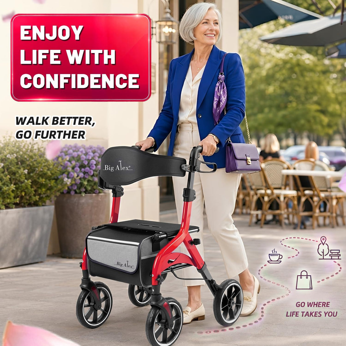Foldable Red Rollator Walker with Seat O872