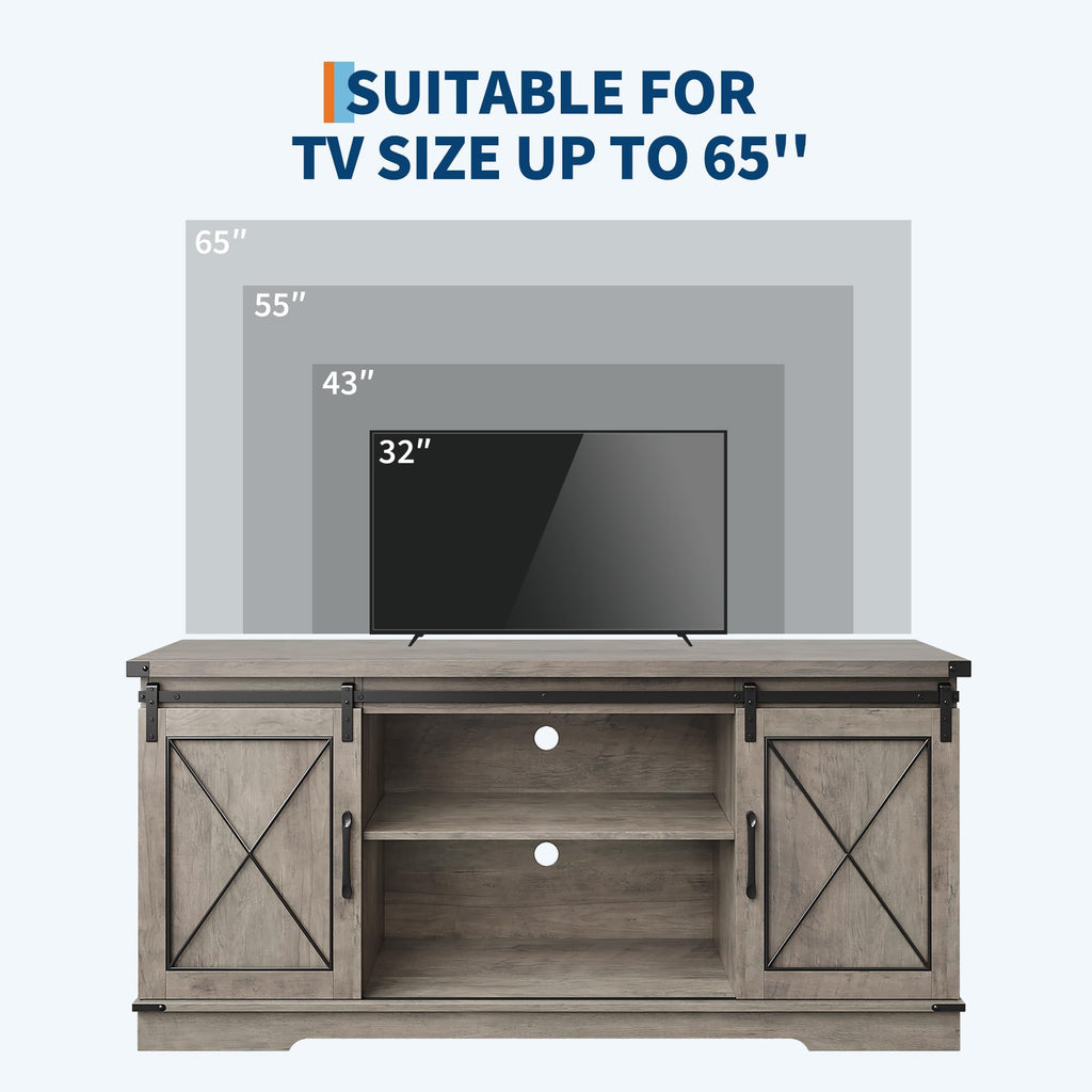 Farmhouse TV Stand with Sliding Barn Doors and Storage Cabinets, Grey N7697