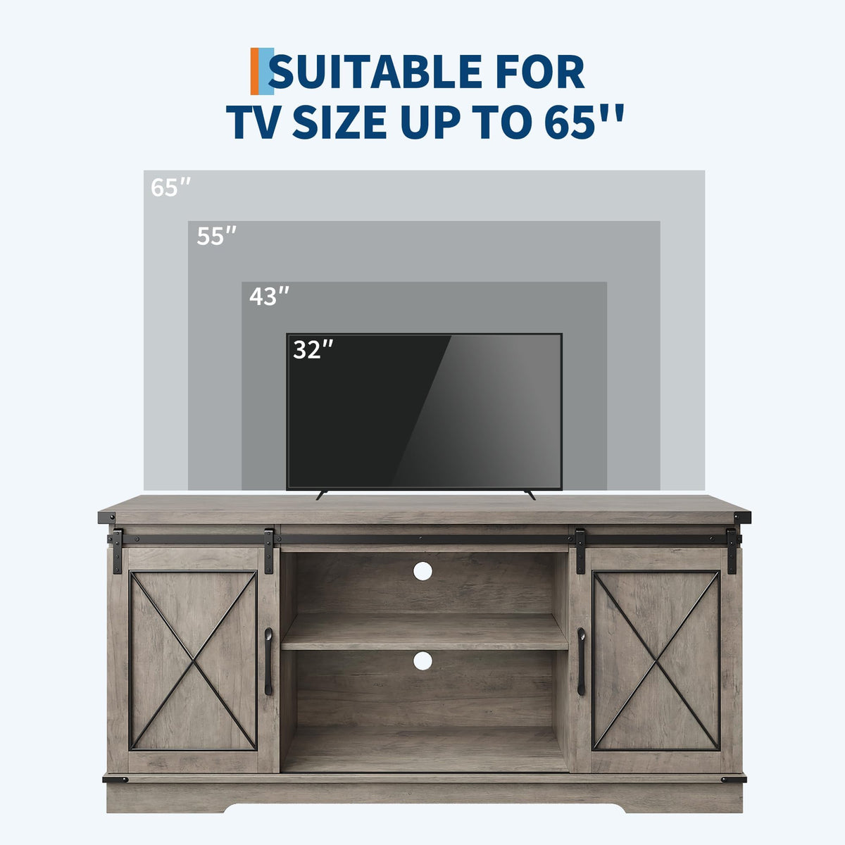 Farmhouse TV Stand with Sliding Barn Doors and Storage Cabinets, Grey N7697