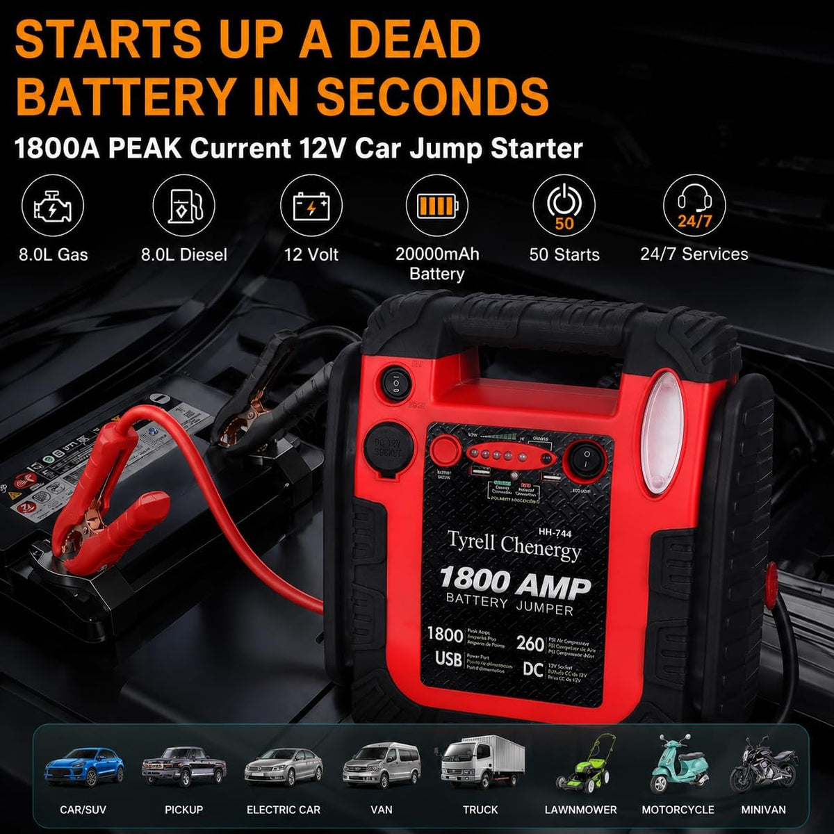 1800A 20000mAh 12V Jump Starter & Portable Air Compressor T5489