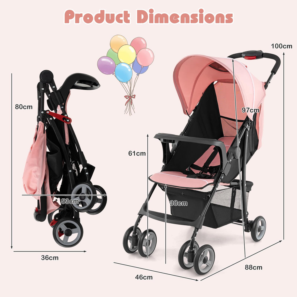 Lightweight Compact Fold Stroller with Canopy & Storage Basket, Pink G7263
