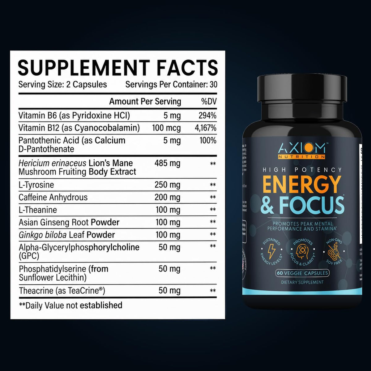 200mg Caffeine Lions Mane Mushroom 60 Capsules M3767