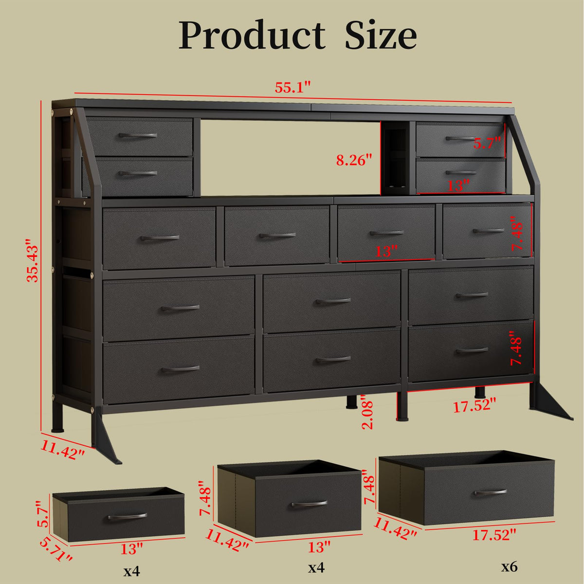55" Black 14 Drawer Fabric Dresser with Open Shelf P1671