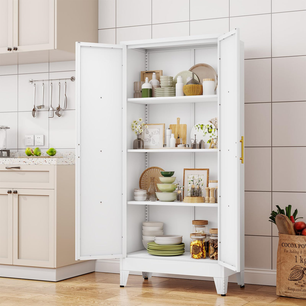 61" Metal Kitchen Pantry Storage Cabinet with 2 Doors and 3 Adjustable Shelves U199