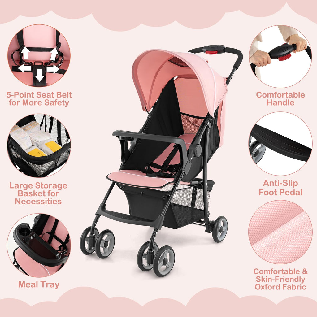 Lightweight Compact Fold Stroller with Canopy & Storage Basket, Pink G7263
