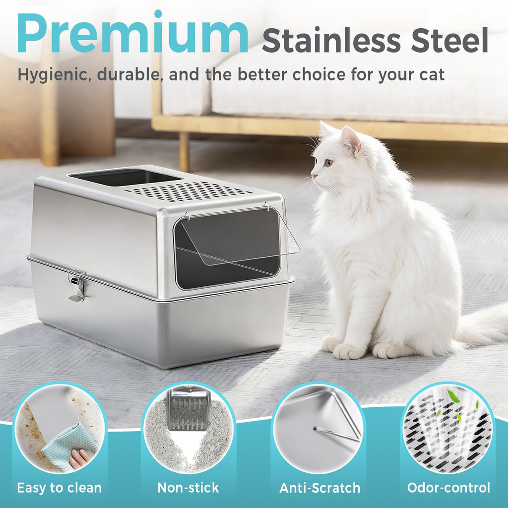 Enclosed Stainless Steel Cat Litter Box with Lid G355