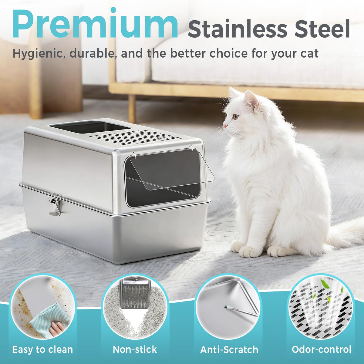 Enclosed Stainless Steel Cat Litter Box with Lid G355