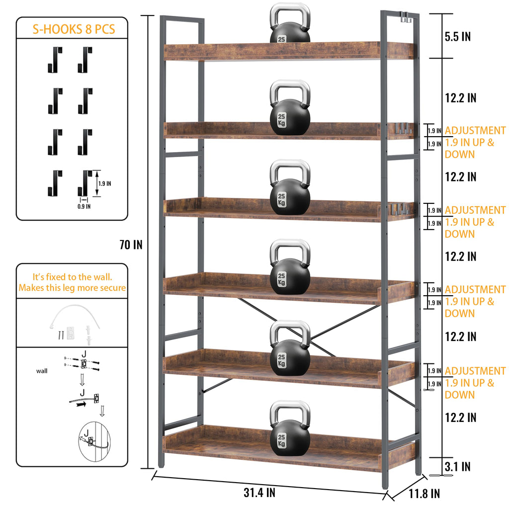 Adjustable 6-Tier Wood and Black Metal Bookshelf Z6136