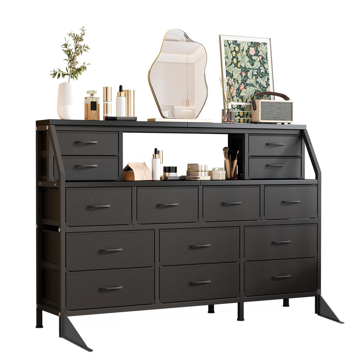 55" Black 14 Drawer Fabric Dresser with Open Shelf P1671
