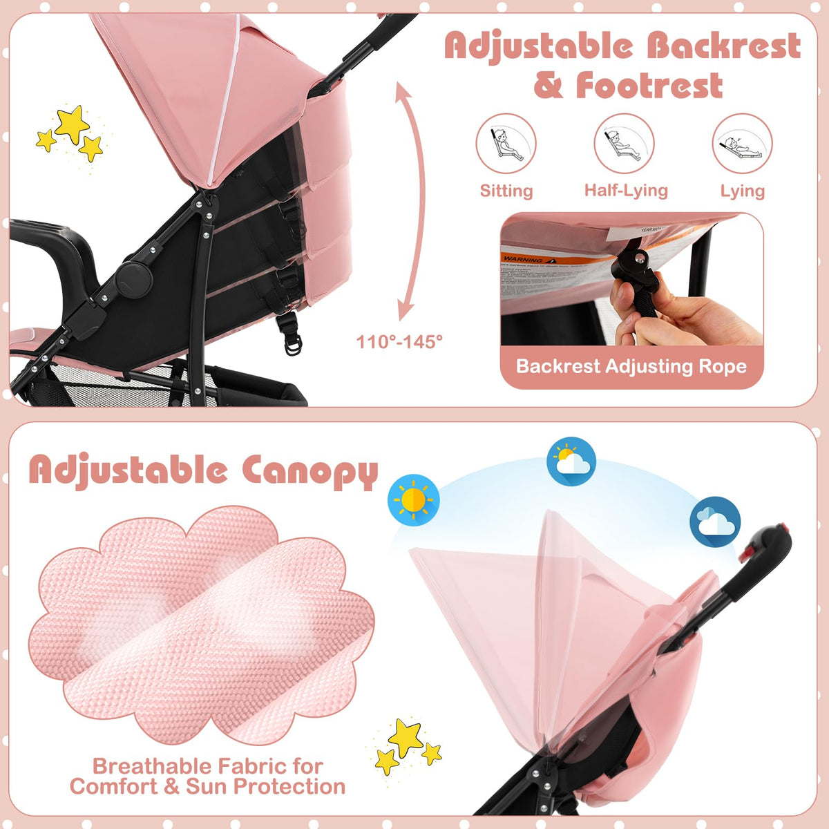 Lightweight Compact Fold Stroller with Canopy & Storage Basket, Pink G7263