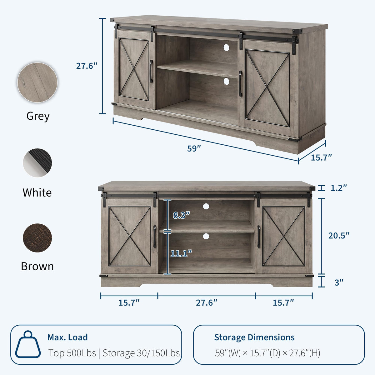 Farmhouse TV Stand with Sliding Barn Doors and Storage Cabinets, Grey N7697