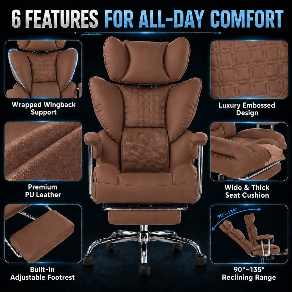 Big and Tall Brown Ergonomic Reclining Office Chair with Footrest U592896