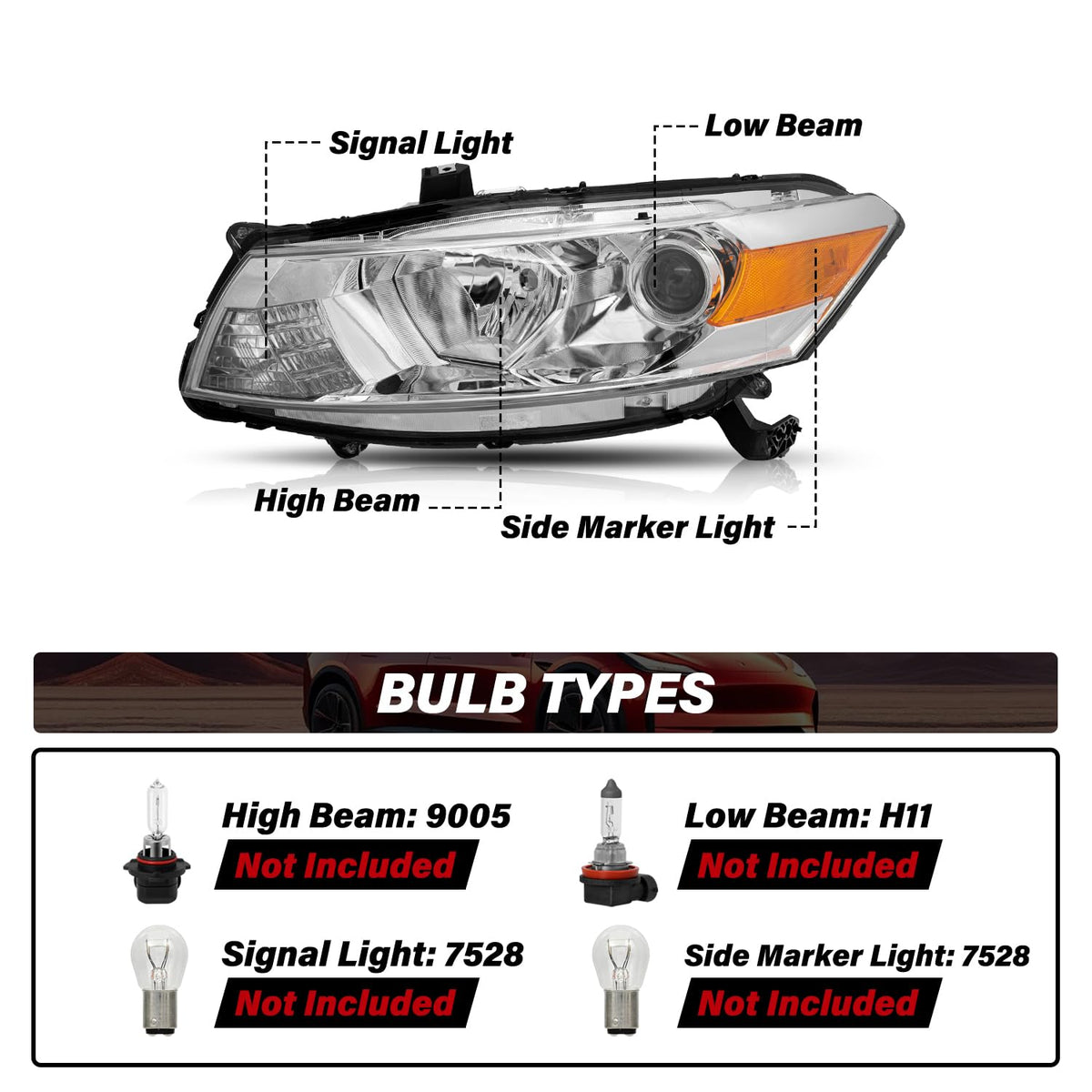 Headlight Assembly Replacement Chrome Housing with Amber Reflector D860