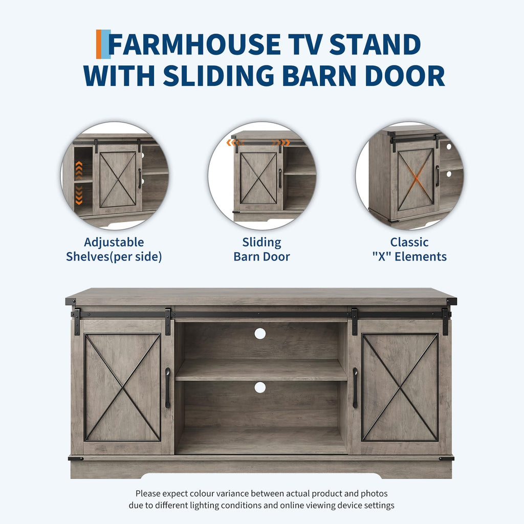 Farmhouse TV Stand with Sliding Barn Doors and Storage Cabinets, Grey N7697
