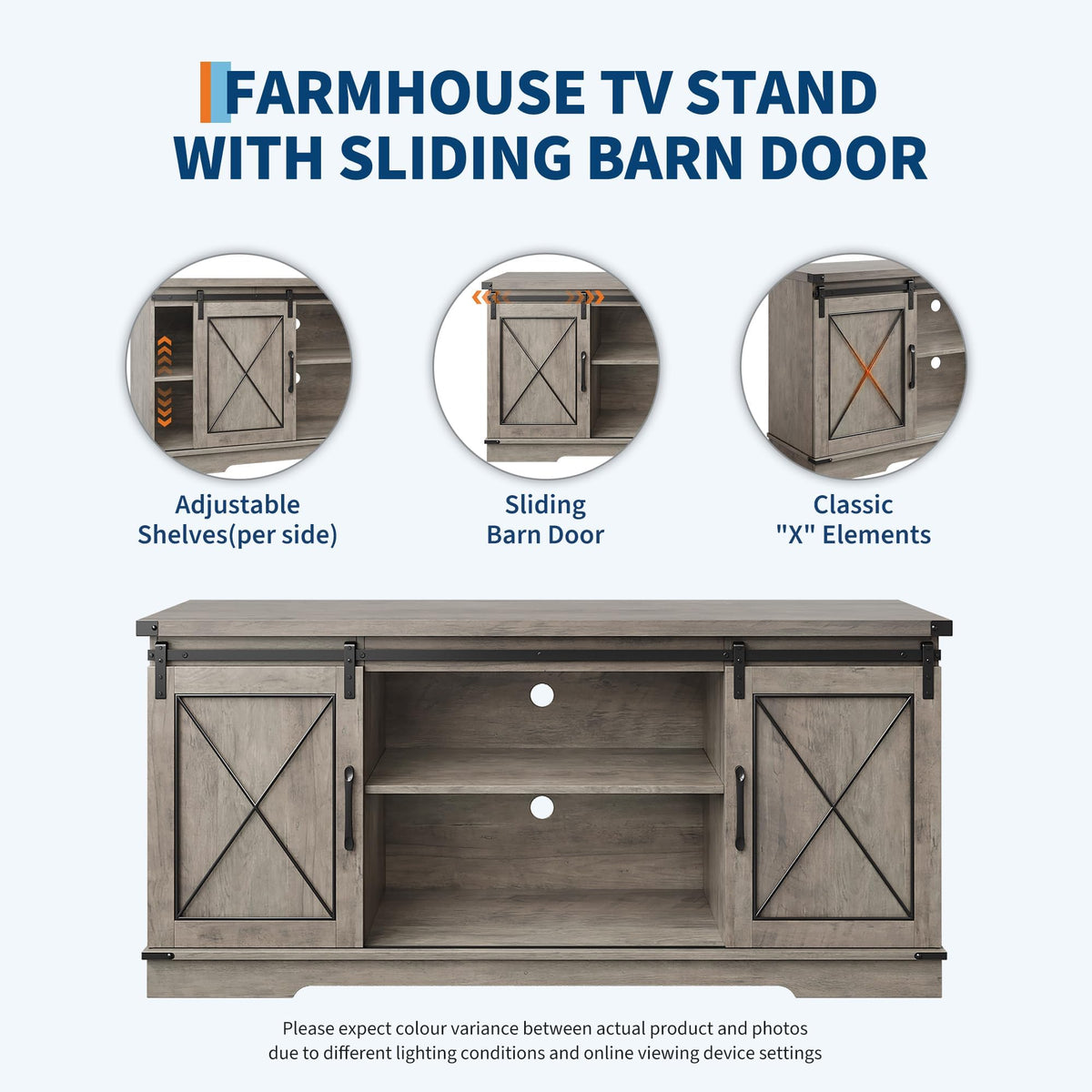 Farmhouse TV Stand with Sliding Barn Doors and Storage Cabinets, Grey N7697