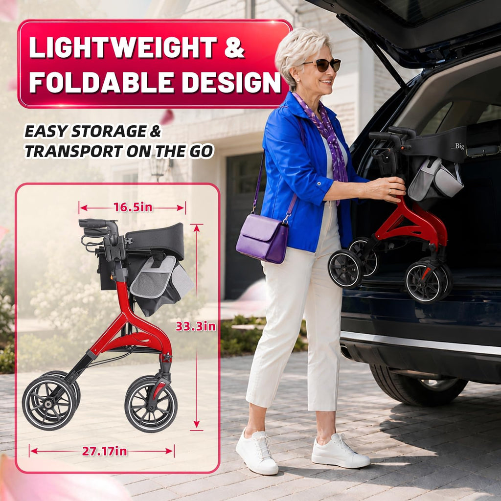 Foldable Red Rollator Walker with Seat O872