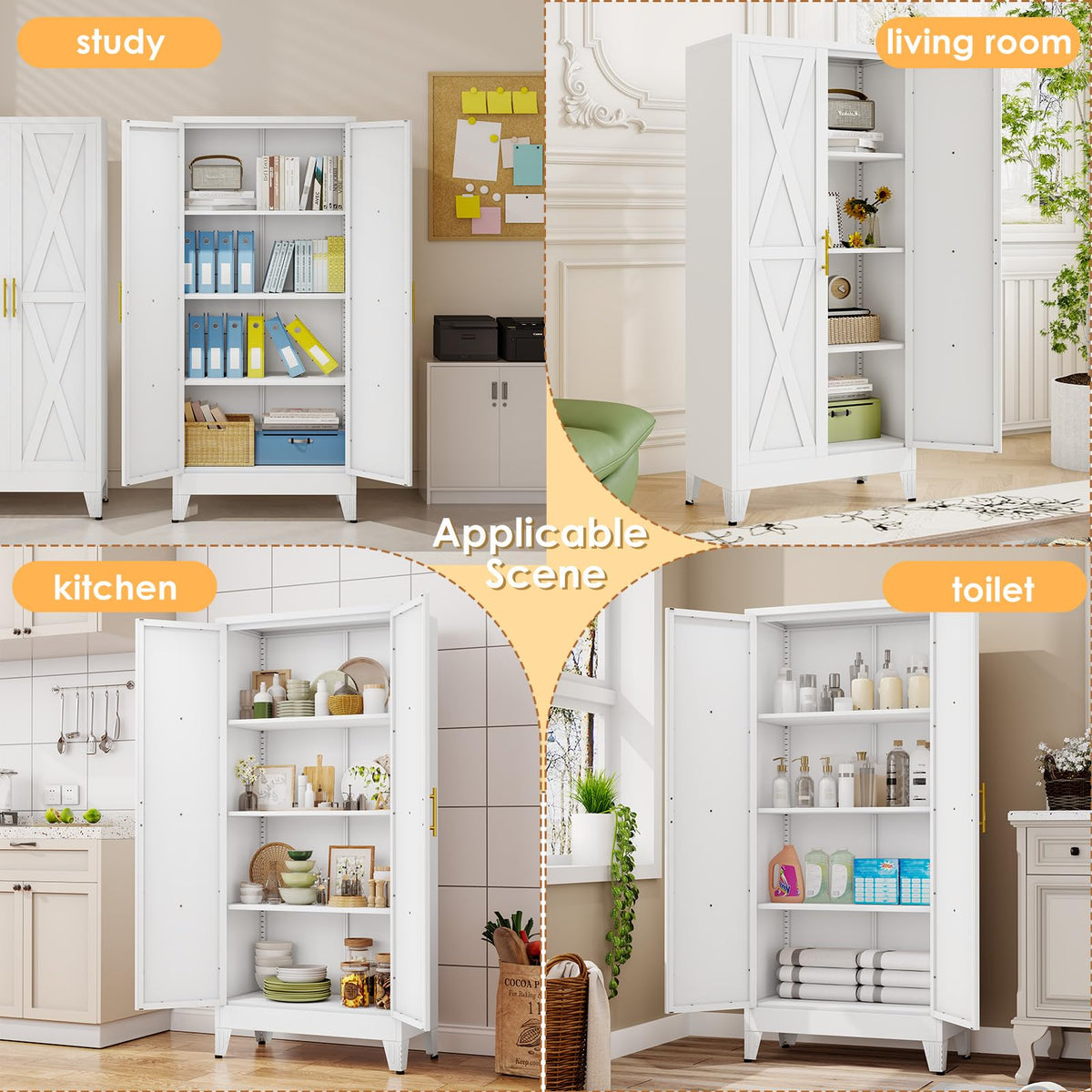 61" Metal Kitchen Pantry Storage Cabinet with 2 Doors and 3 Adjustable Shelves U199
