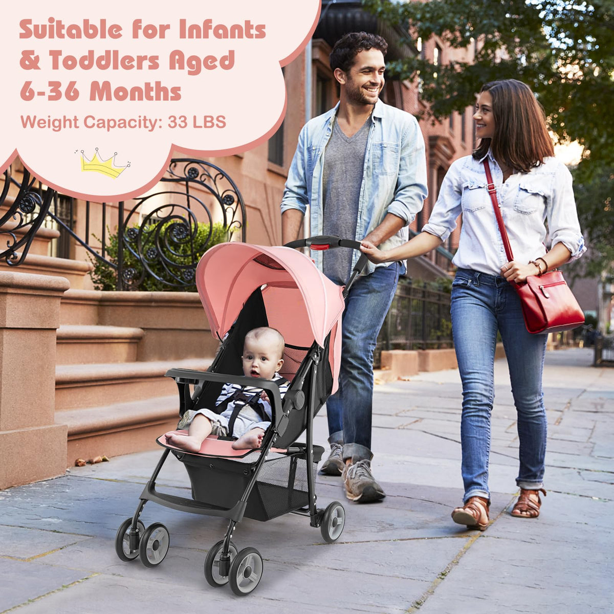 Lightweight Compact Fold Stroller with Canopy & Storage Basket, Pink G7263