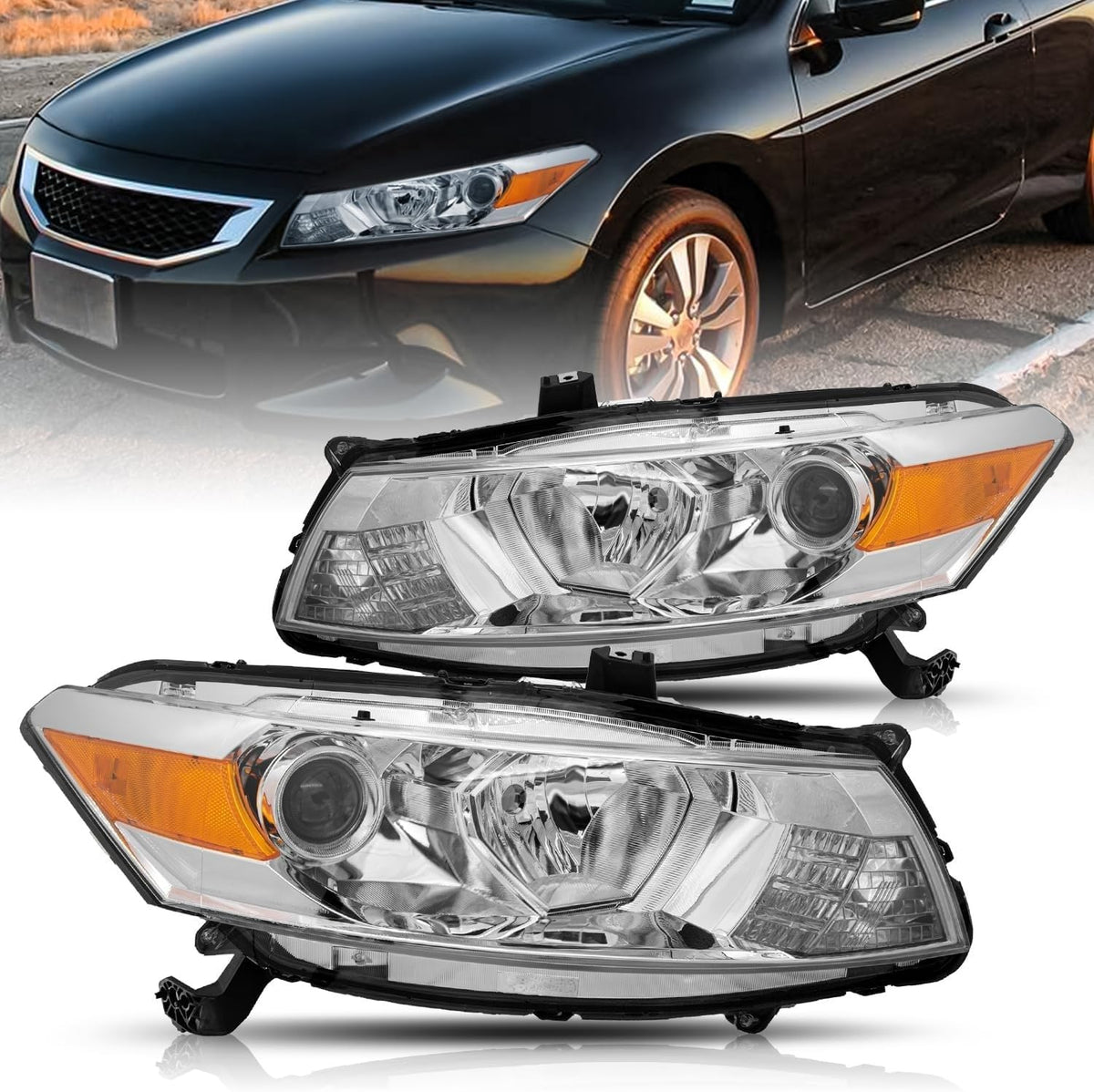 Headlight Assembly Replacement Chrome Housing with Amber Reflector D860