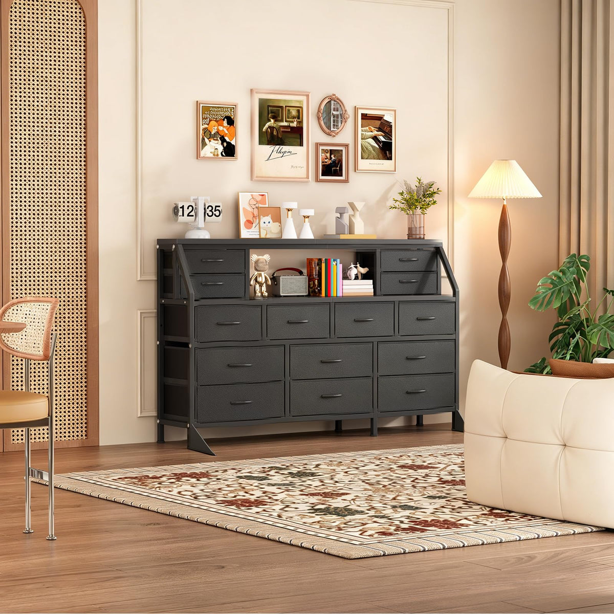 55" Black 14 Drawer Fabric Dresser with Open Shelf P1671
