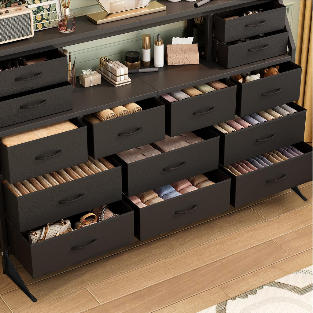 55" Black 14 Drawer Fabric Dresser with Open Shelf P1671