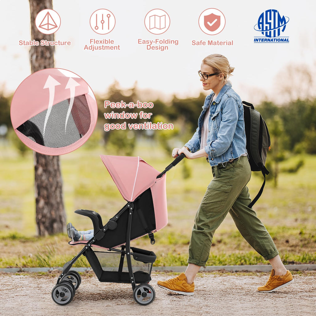 Lightweight Compact Fold Stroller with Canopy & Storage Basket, Pink G7263