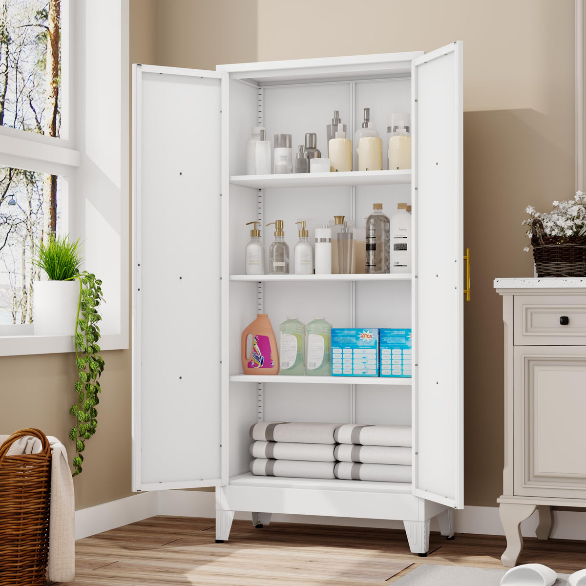 61" Metal Kitchen Pantry Storage Cabinet with 2 Doors and 3 Adjustable Shelves U199