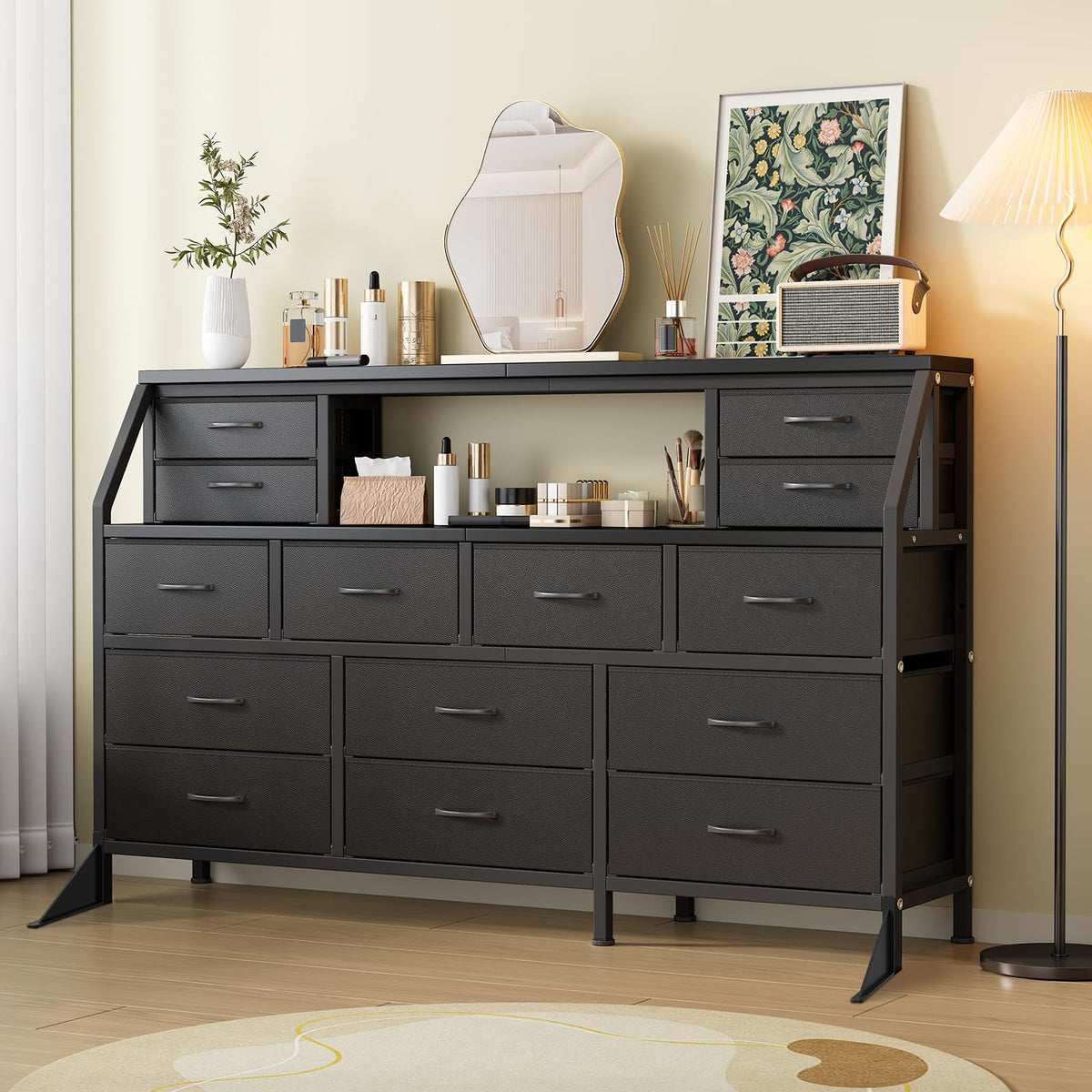 55" Black 14 Drawer Fabric Dresser with Open Shelf P1671