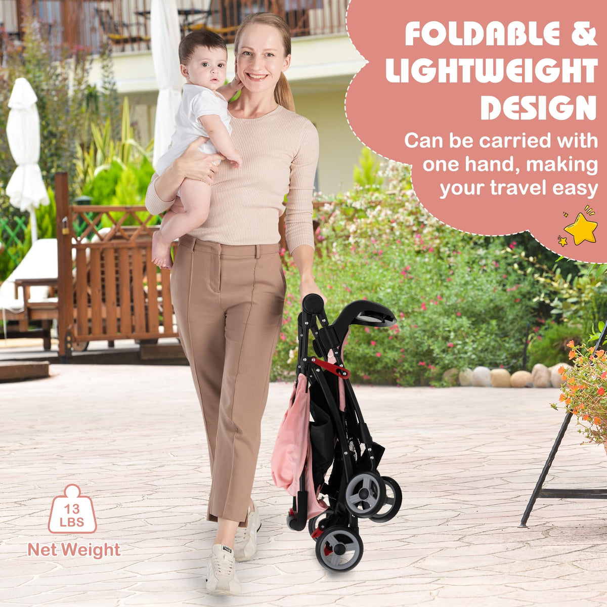 Lightweight Compact Fold Stroller with Canopy & Storage Basket, Pink G7263